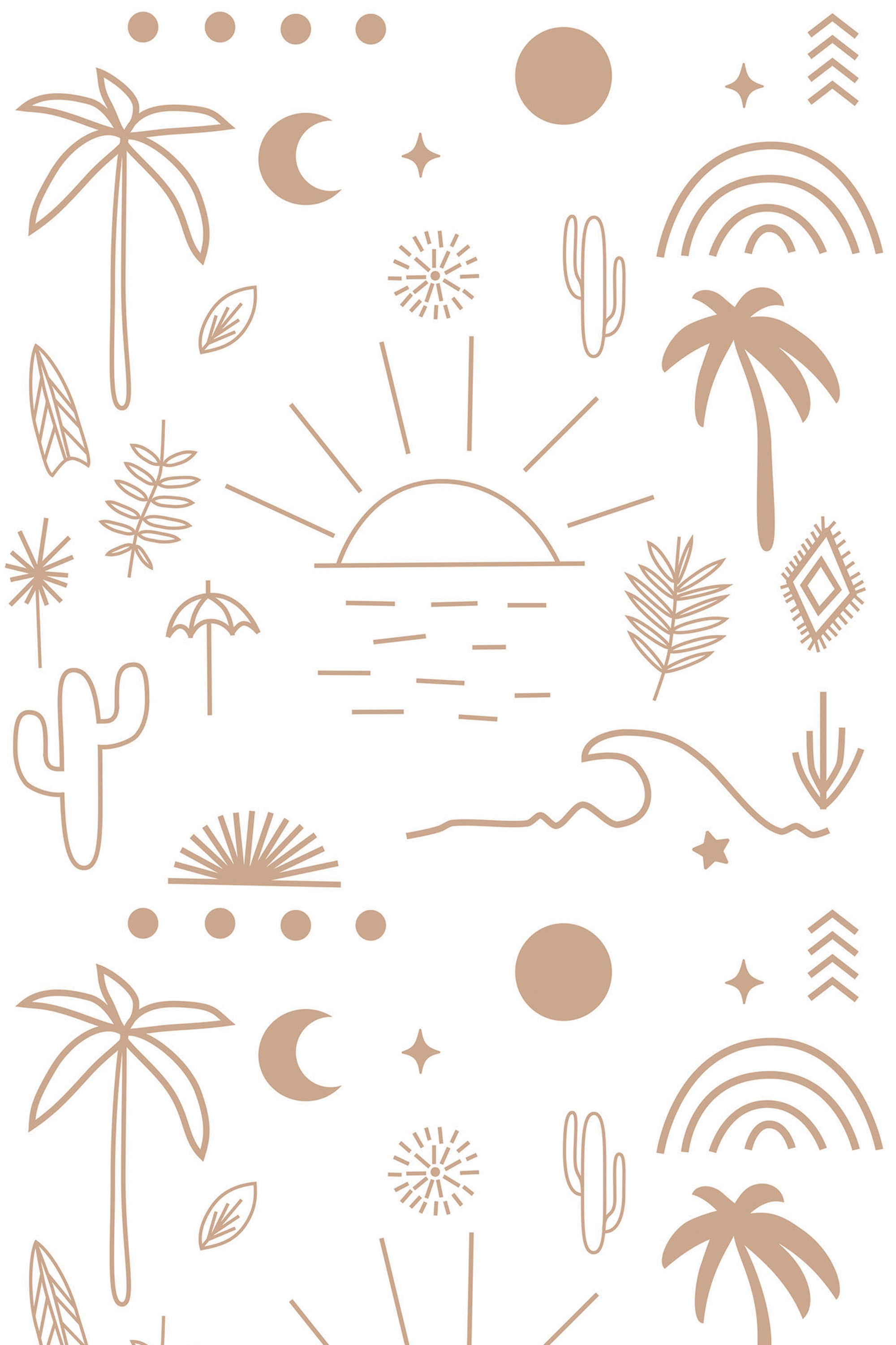 Neutral-toned bohemian-inspired pattern with palm trees, cacti, sun, moon, and geometric accents on peel and stick removable wallpaper.