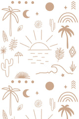 Neutral-toned bohemian-inspired pattern with palm trees, cacti, sun, moon, and geometric accents on peel and stick removable wallpaper.