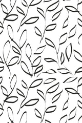 Black leaf outlines on white background in a repeating pattern, peel and stick removable wallpaper.