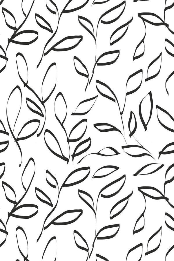Black leaf outlines on white background in a repeating pattern, peel and stick removable wallpaper.