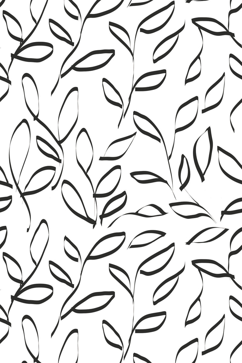 Black leaf outlines on white background in a repeating pattern, peel and stick removable wallpaper.