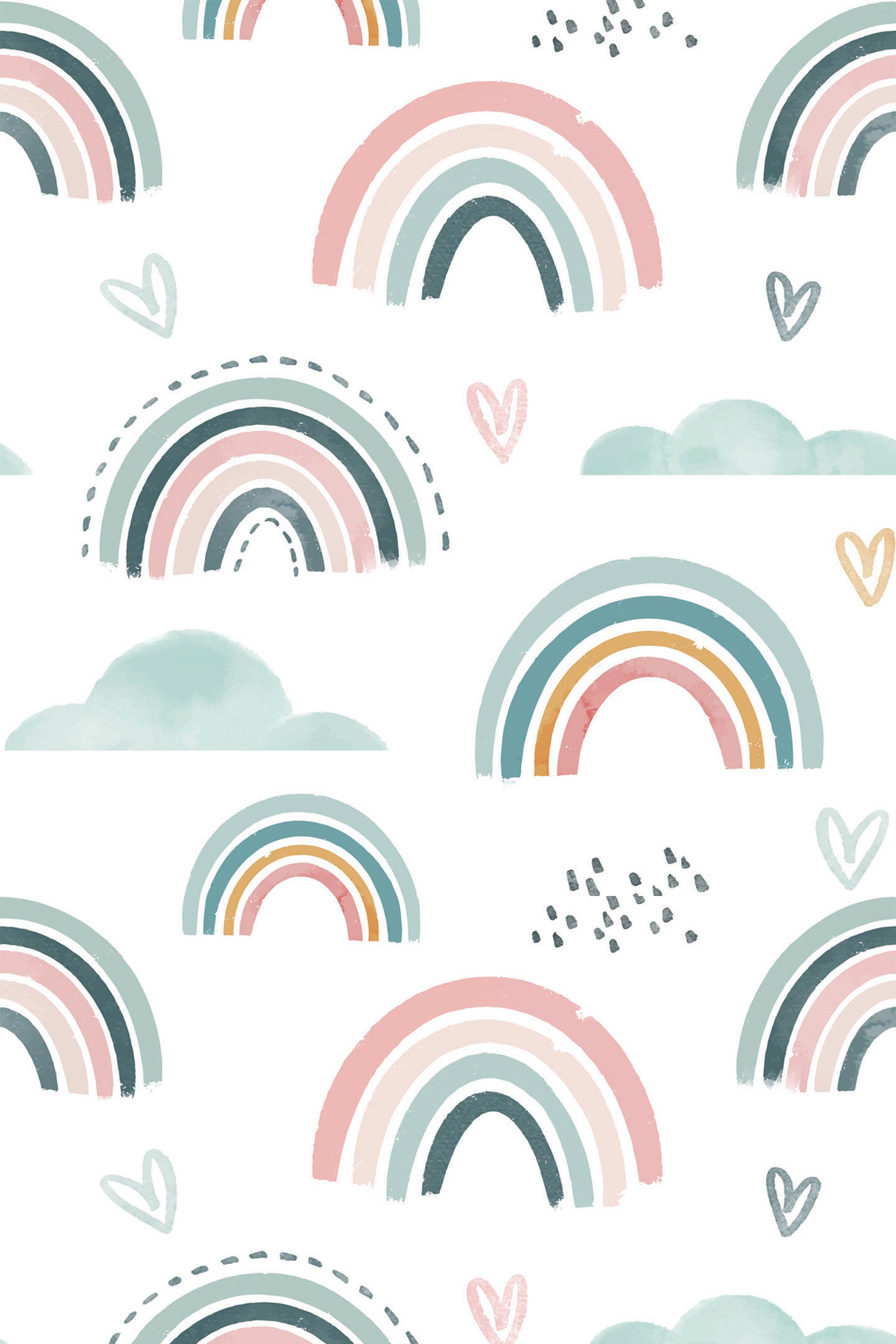 Multicolored watercolor rainbow patterns with hearts and clouds on a white background, peel and stick removable wallpaper.