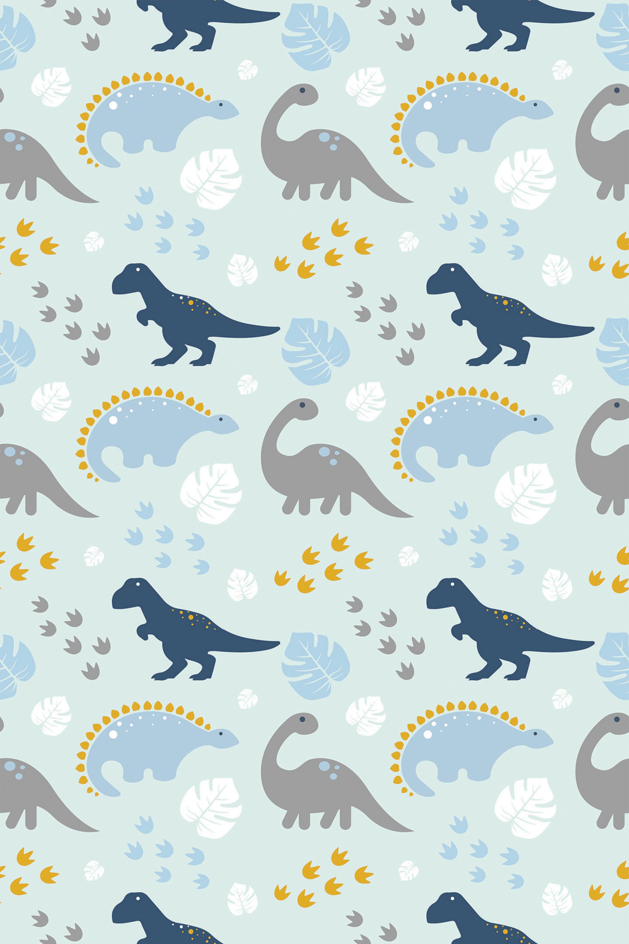 A playful pattern of blue dinosaurs with orange and yellow accents on a soft green background, complemented by leaf motifs, ideal for children's rooms as peel and stick removable wallpaper.