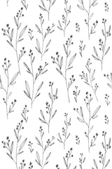 Black line-drawn flowers and leaves on a white background forming a simple and elegant pattern for peel and stick removable wallpaper.