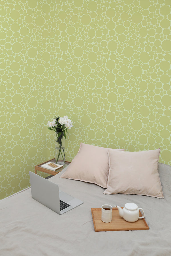 temporary wallpaper green spots pattern cozy romantic bedroom interior