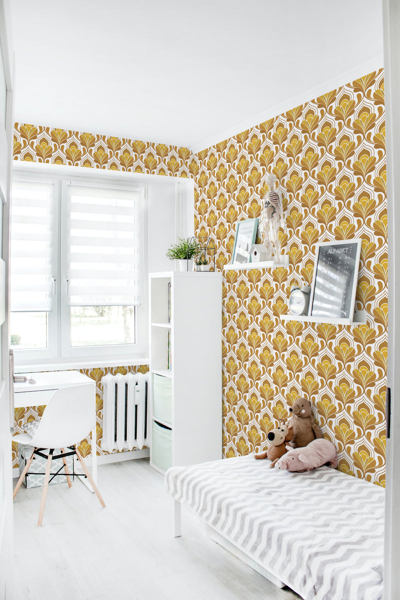 removable wallpaper yellow retro pattern kids room desk bed bookshelf toys