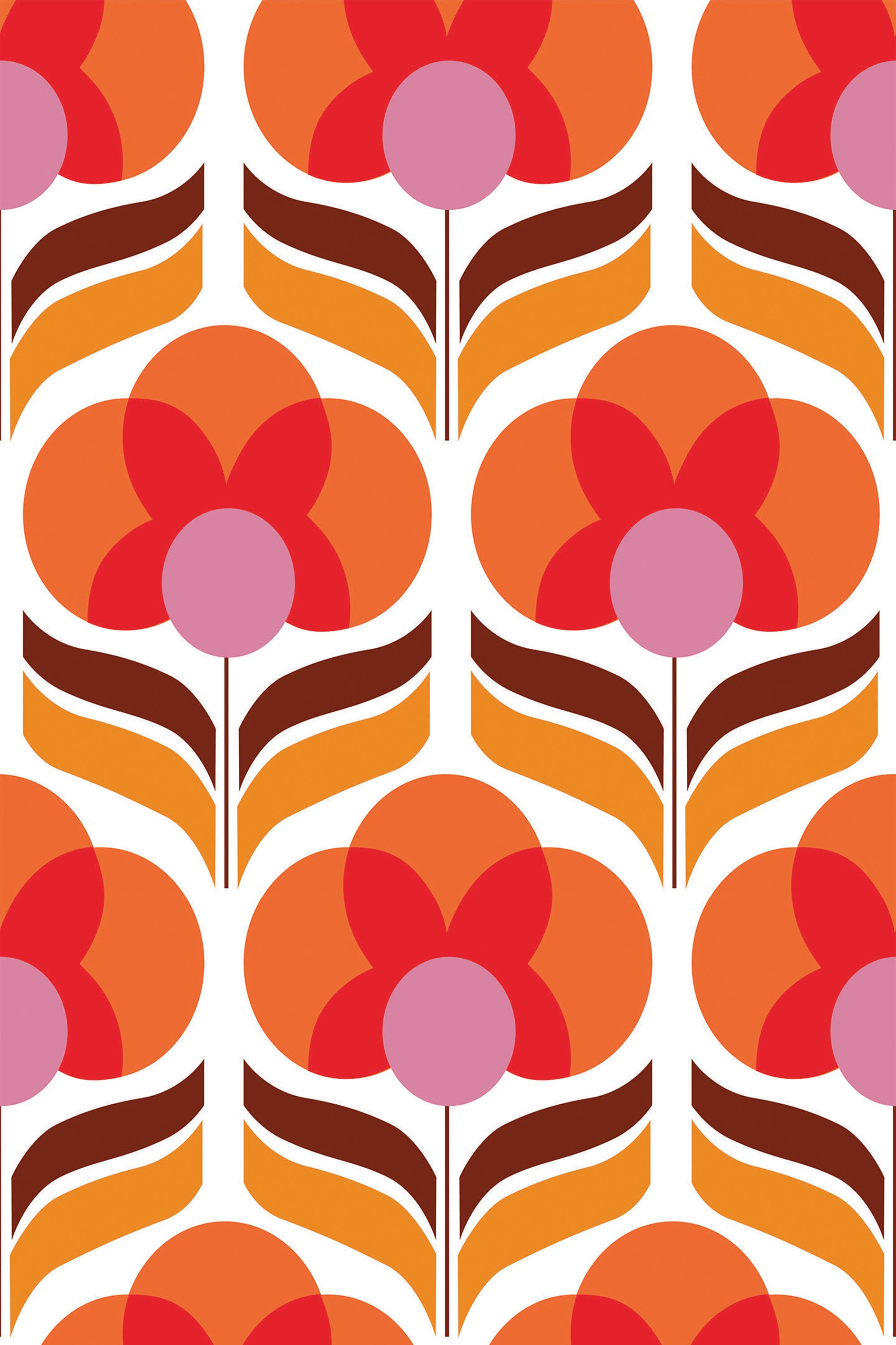 Pattern of stylized red and orange flowers with flowing brown stems on a cream background, in a vintage style suitable for home decor, peel and stick removable wallpaper.