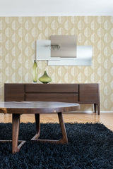 contemporary living room dark wood furniture leaves line art peel and stick wallpaper