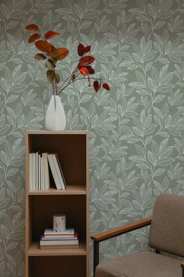 self-adhesive wallpaper leaf line art pattern bookshelf armchair decorative plant interior