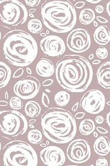 A pattern of stylized white brushstroke roses on a taupe background, creating a modern, floral motif for peel and stick removable wallpaper.