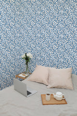 temporary wallpaper tiny blue floral pattern cozy romantic bedroom interior