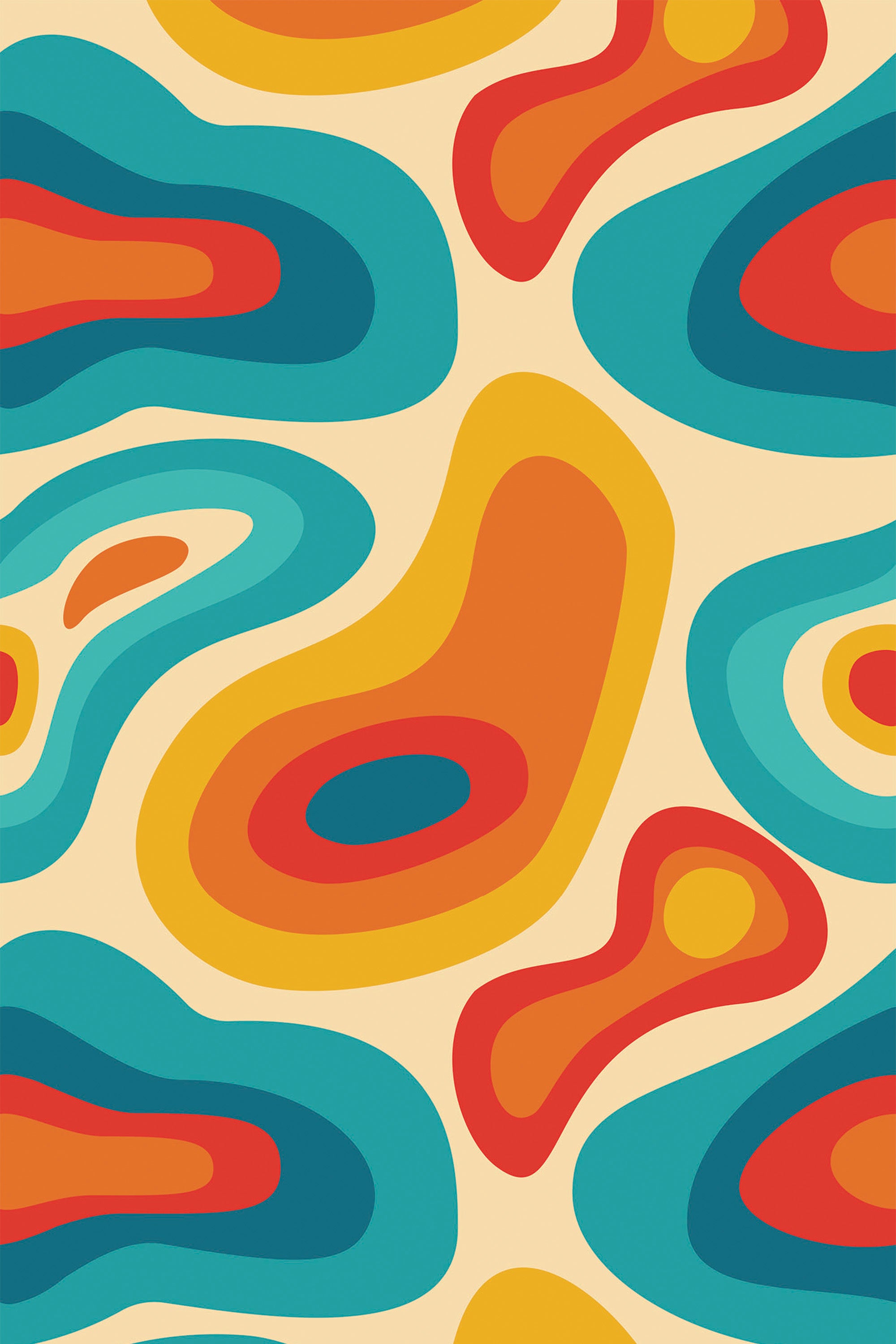 A vibrant pattern of abstract retro shapes in shades of blue, orange, and yellow on a cream background, forming a colorful and groovy design for peel and stick removable wallpaper.