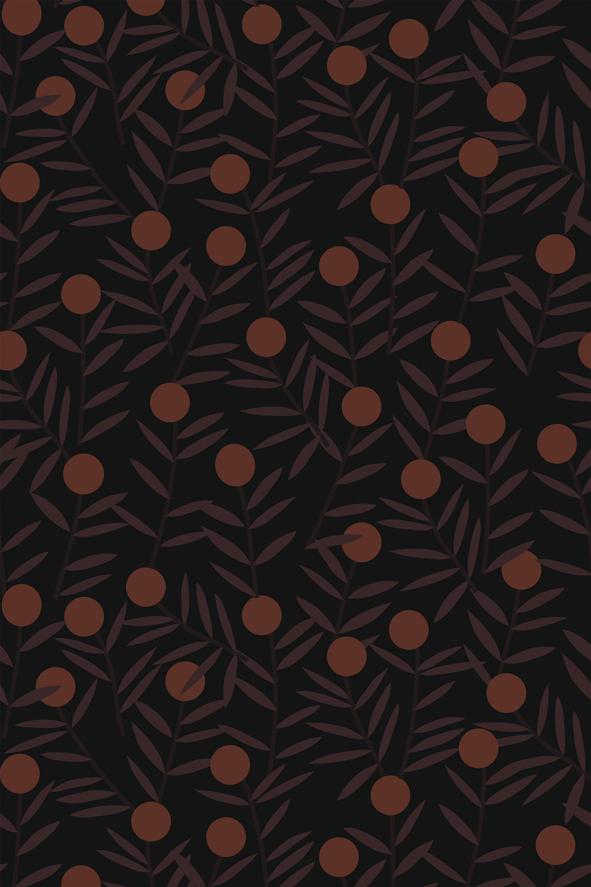 Vibrant orange citrus fruits nestled among dark green foliage on a black background, creating a striking contrast for a bold and modern home decor, peel and stick removable wallpaper.