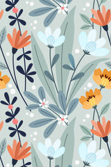 A pattern of stylized blue, orange, and yellow flowers with dark leaves set against a soft grey background, giving a fresh, springtime feel to the peel and stick removable wallpaper.