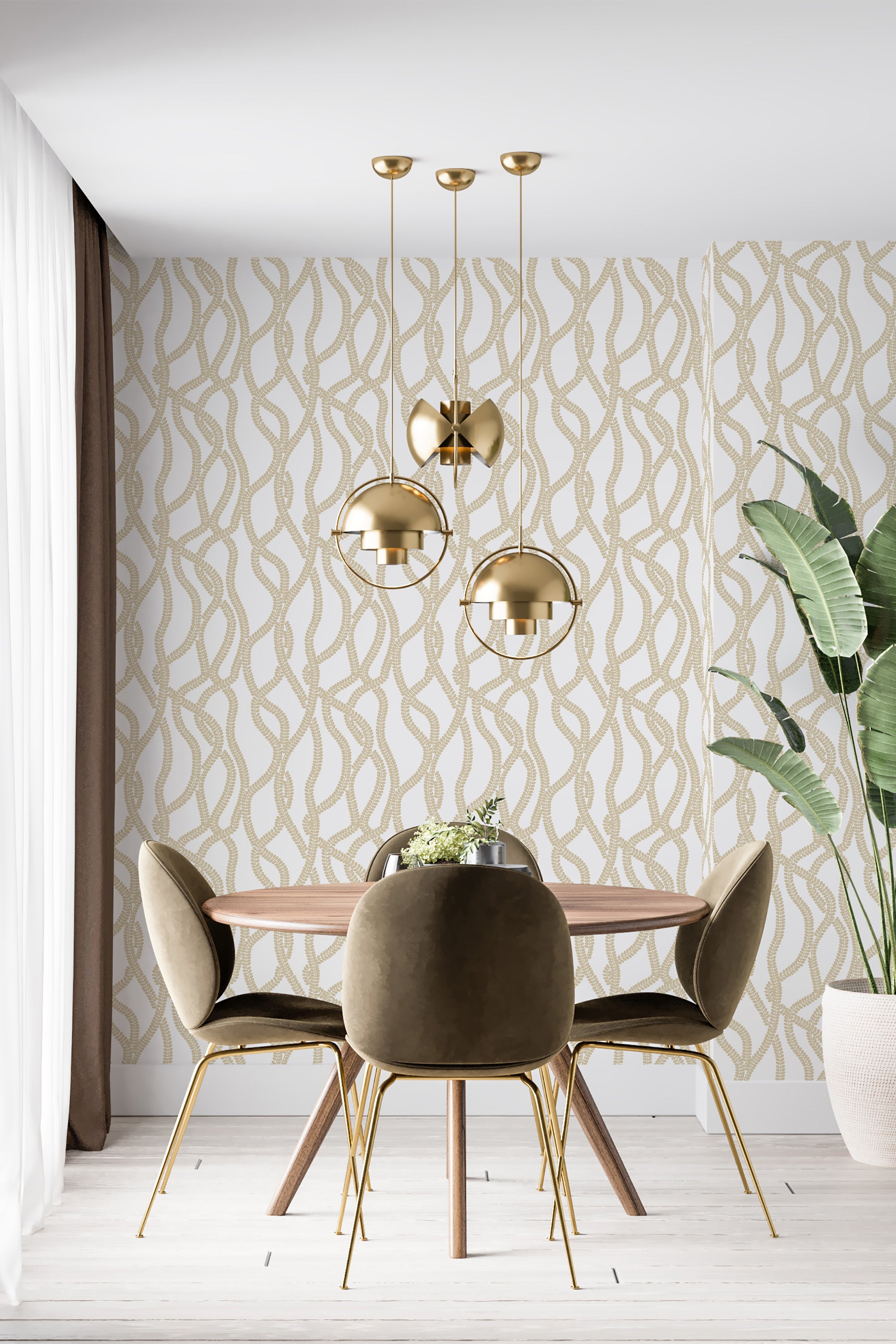 A room with Leaf stripe wallpaper on the wall, with gold and beige organic leaf patterns against a soft background, adding elegance to the decor as traditional wallpaper.