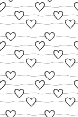 Black hand-drawn heart line art on a white background with wavy horizontal lines, forming a continuous pattern on peel and stick removable wallpaper.