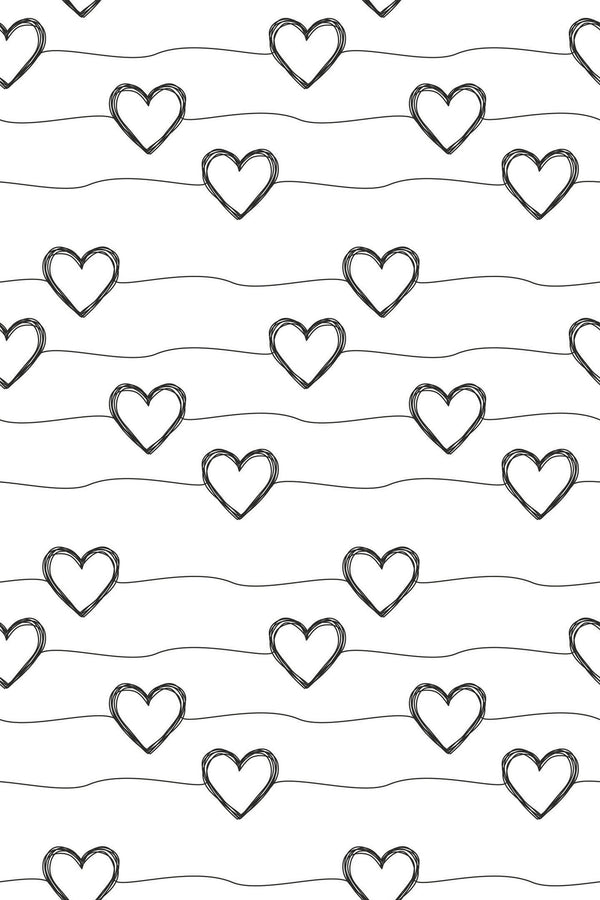 Black hand-drawn heart line art on a white background with wavy horizontal lines, forming a continuous pattern on peel and stick removable wallpaper.