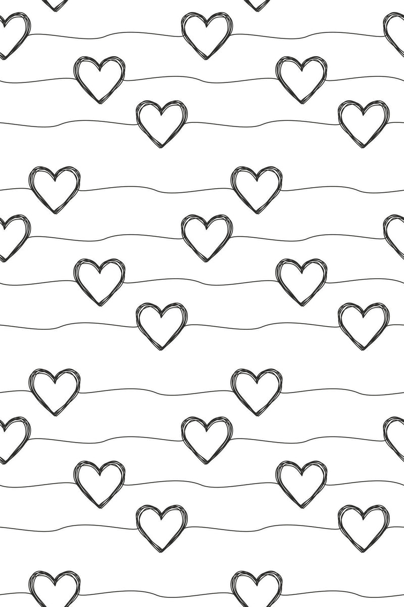 Black hand-drawn heart line art on a white background with wavy horizontal lines, forming a continuous pattern on peel and stick removable wallpaper.