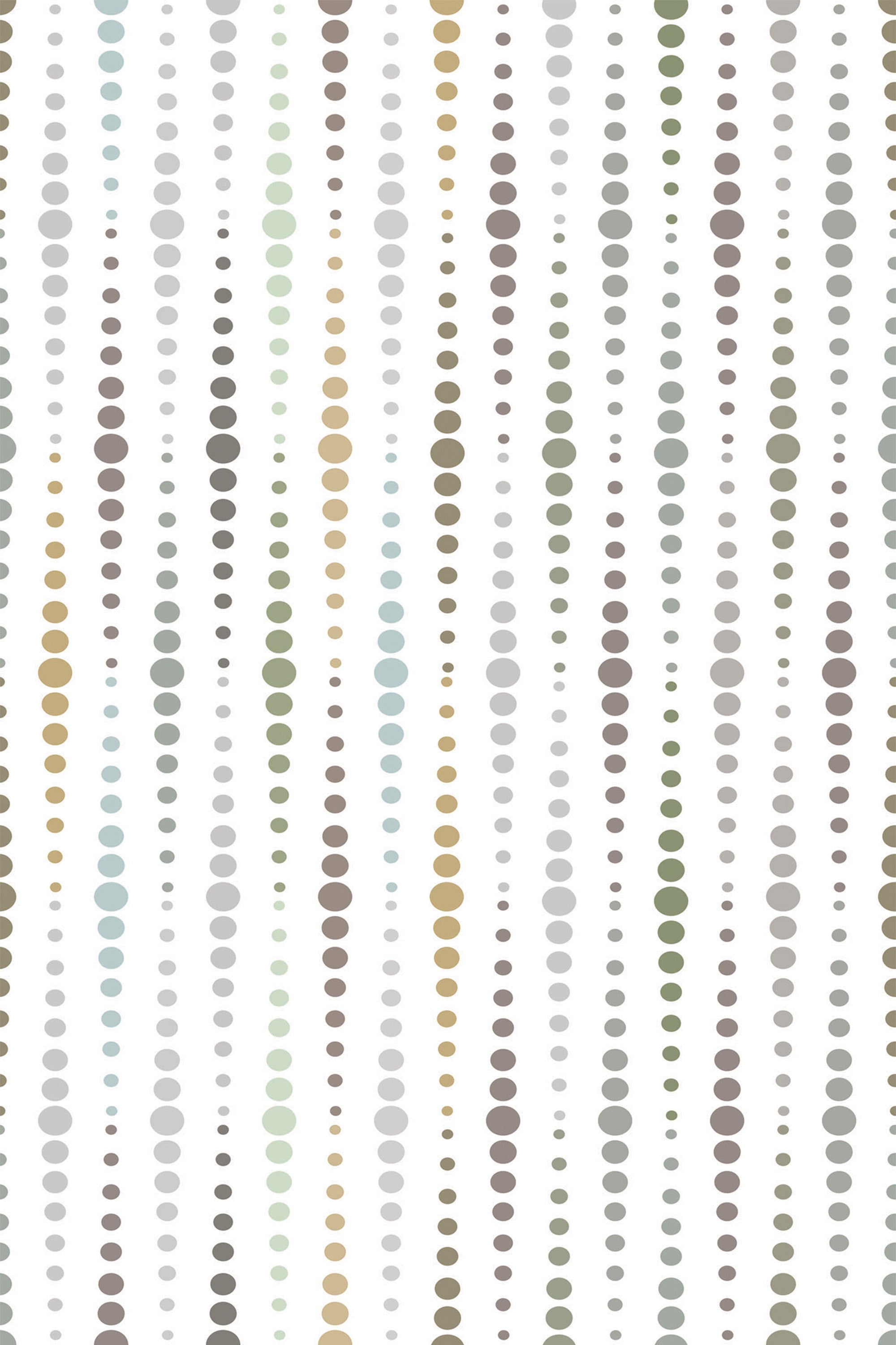 A pattern of vertical rows of colored dots ranging from dark to light hues on a neutral background, peel and stick removable wallpaper.