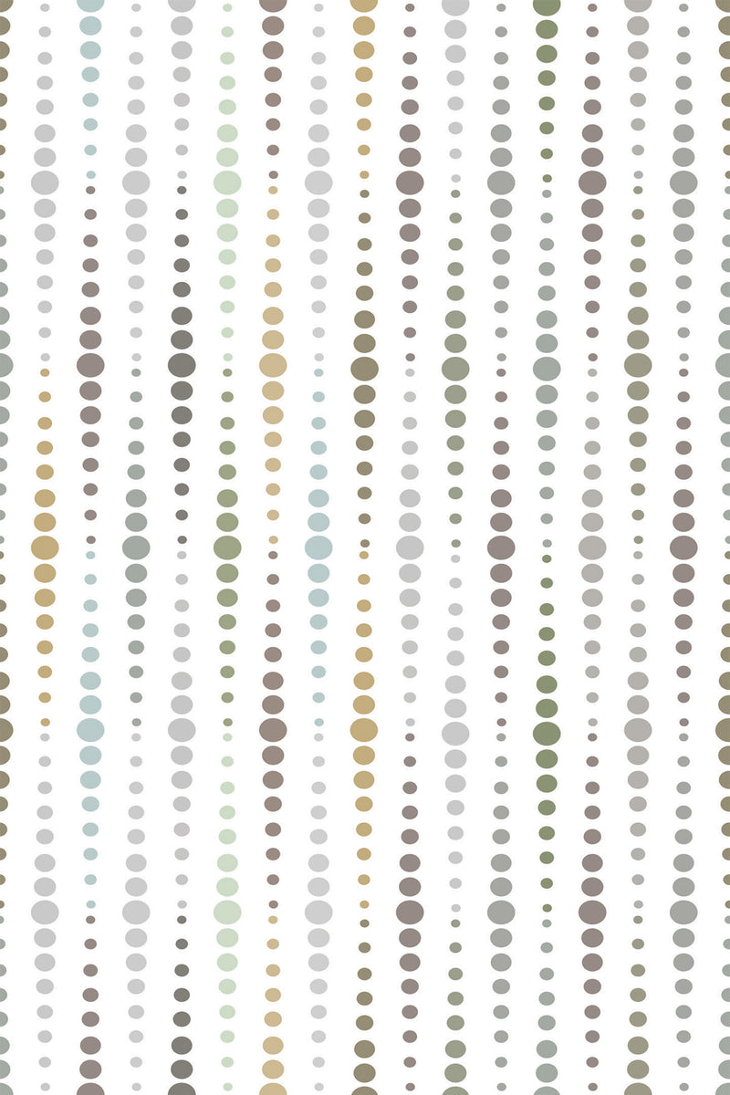 A pattern of vertical rows of colored dots ranging from dark to light hues on a neutral background, peel and stick removable wallpaper.