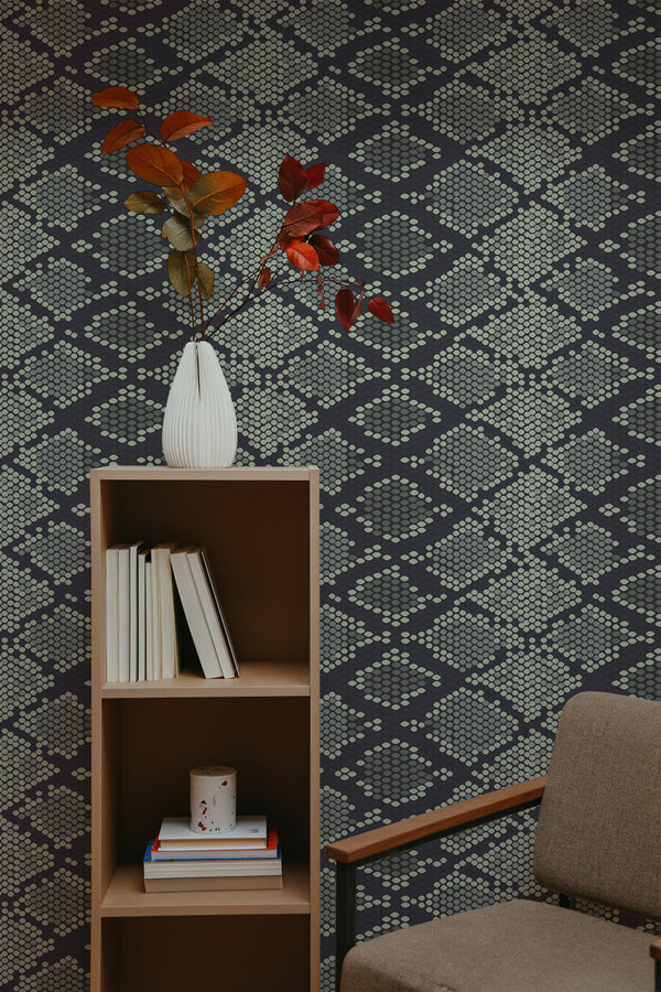 self-adhesive wallpaper dark snake skin pattern bookshelf armchair decorative plant interior