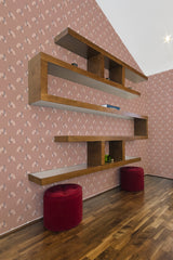 modern living room shelf velour puff chairs boho rainbow wallpaper stick and peel