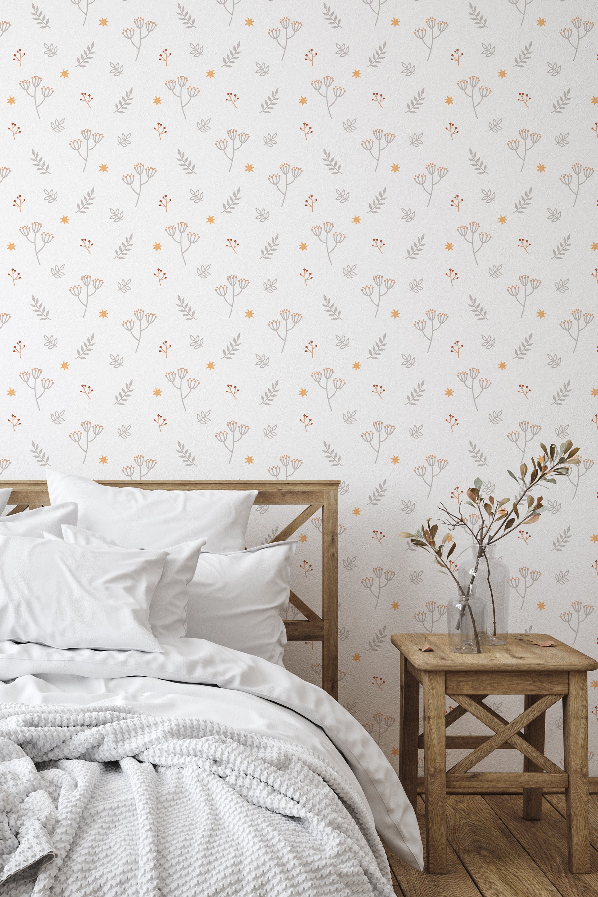 Self-adhesive wallpaper with a delicate floral and heart pattern in a minimal nursery style bedroom.