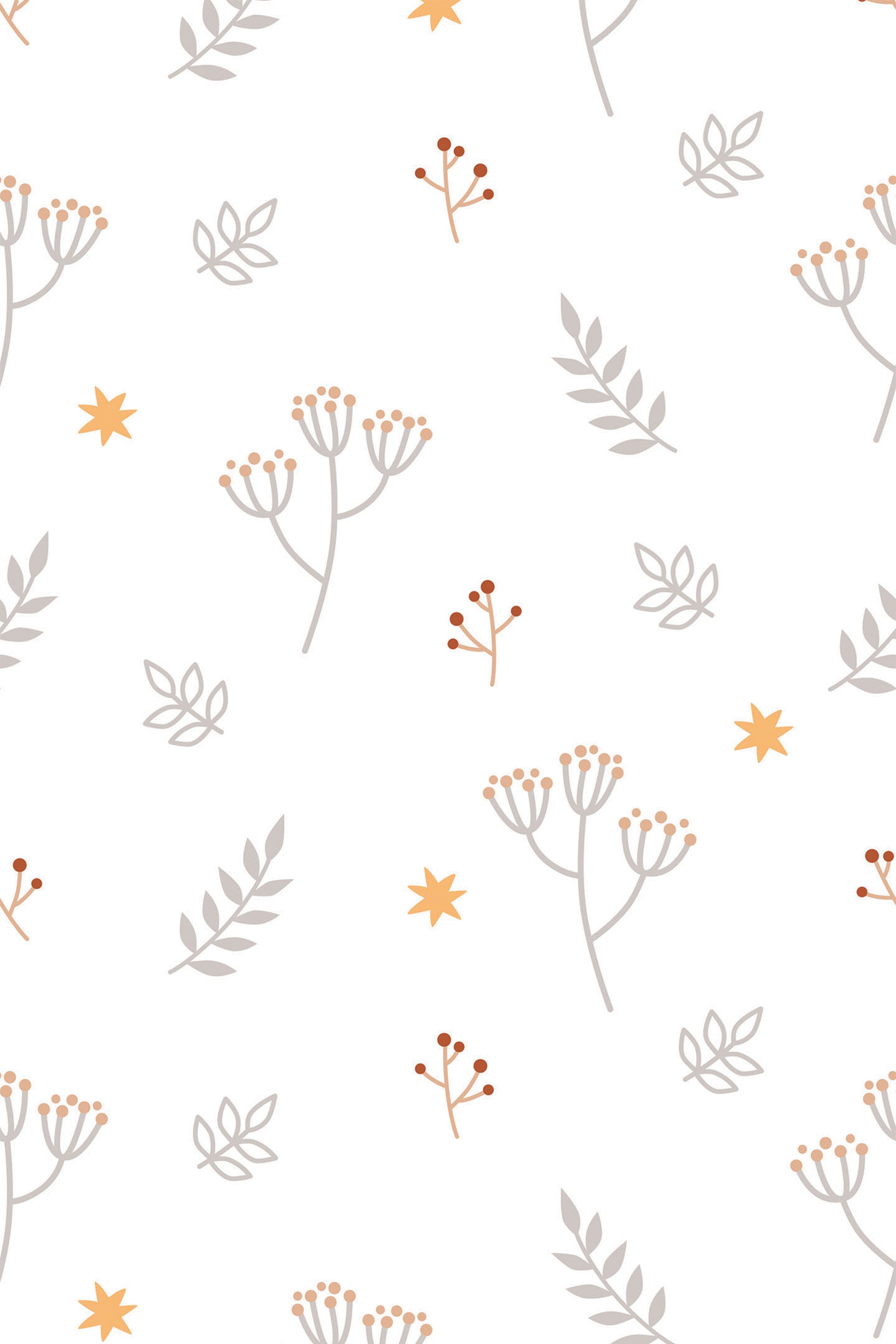A gentle pattern of floral and botanical illustrations in soft grays, oranges, and yellows on a white background, giving a serene feel to this minimal nursery peel and stick removable wallpaper.