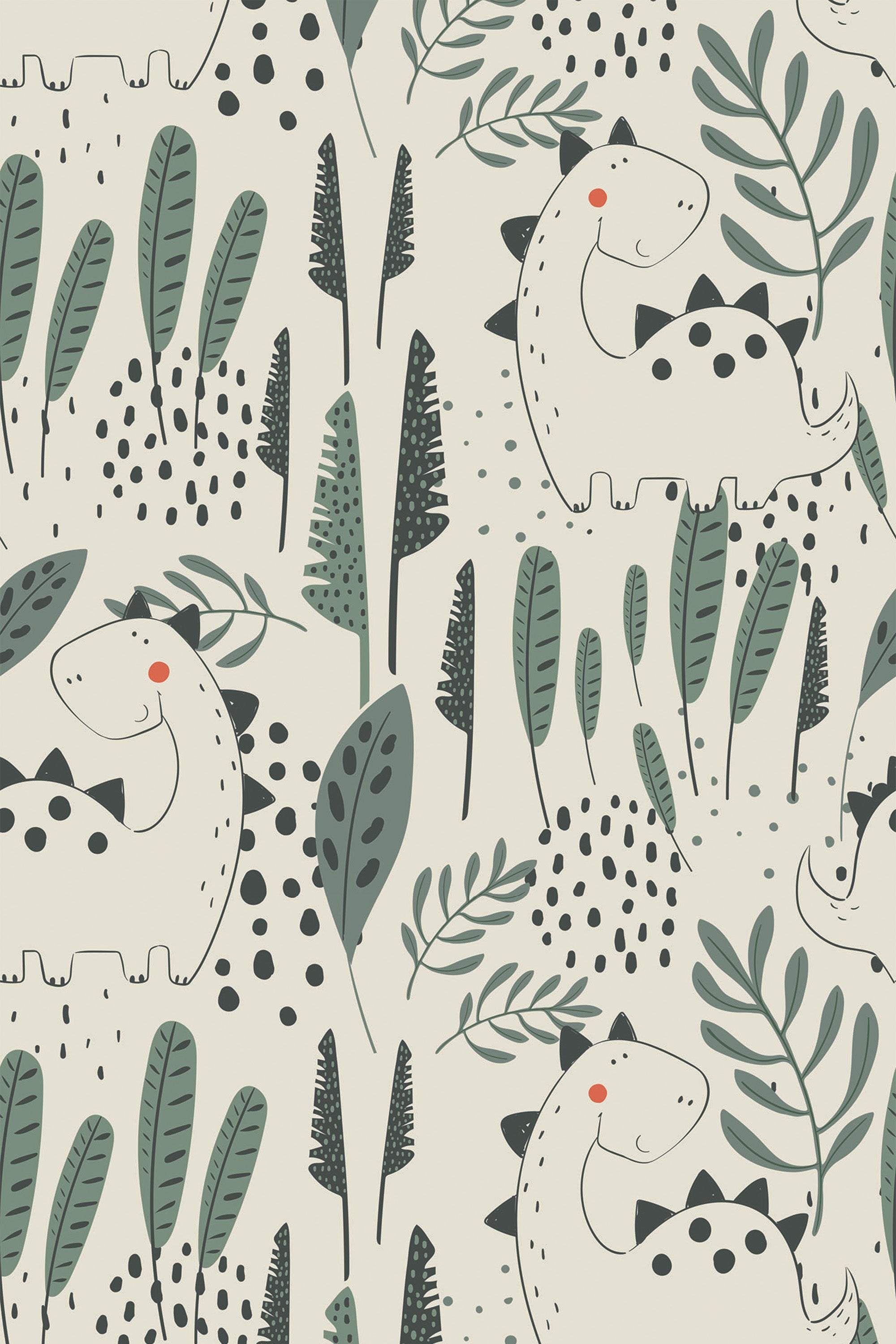 A playful pattern of white cartoon dinosaurs amid green foliage and black dots on a light background, ideal for a child's room as peel and stick removable wallpaper.