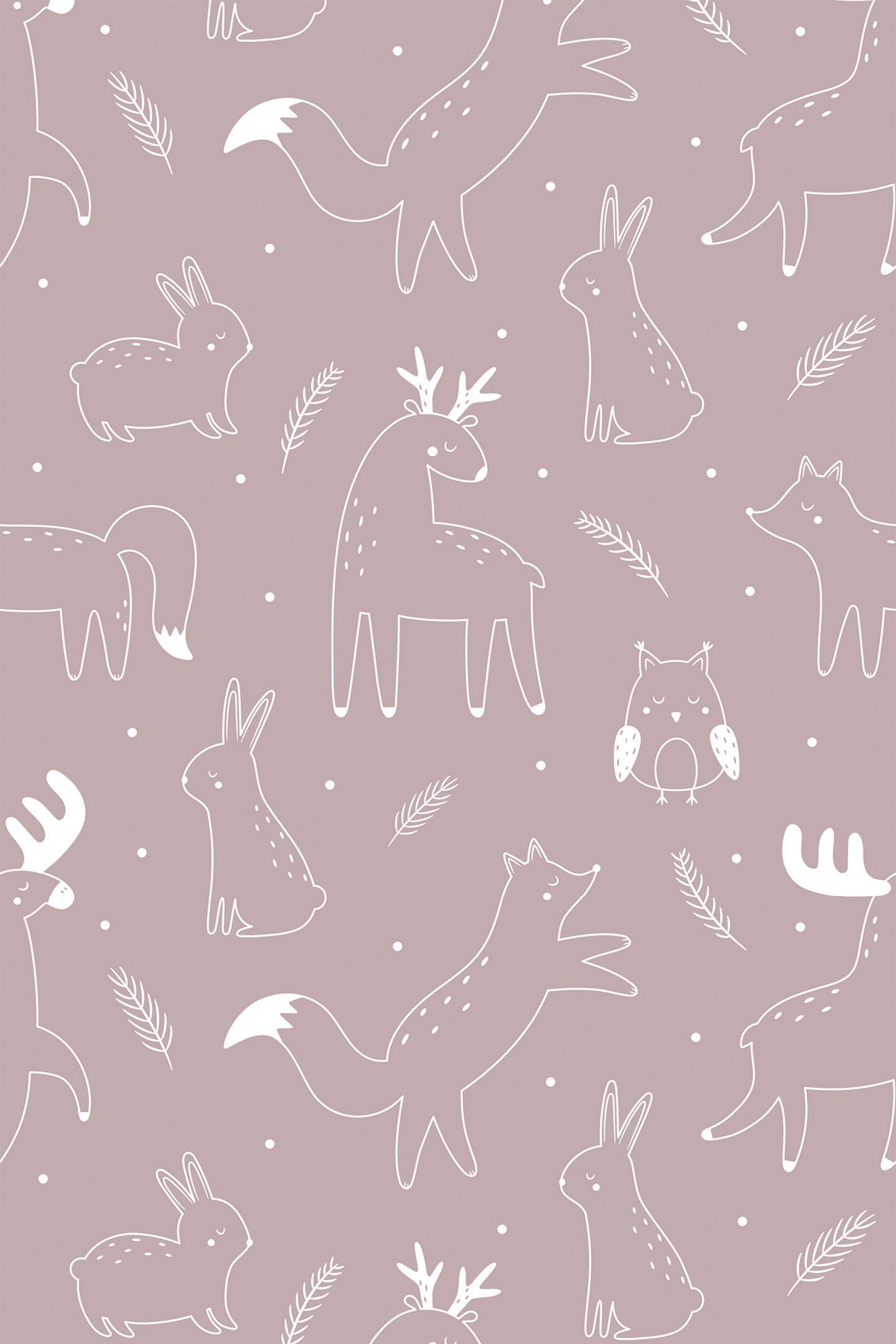 Illustration of various forest animals such as deer, rabbits, foxes, and owls in white outlines on a dusty pink background with leaf accents, peel and stick removable wallpaper.