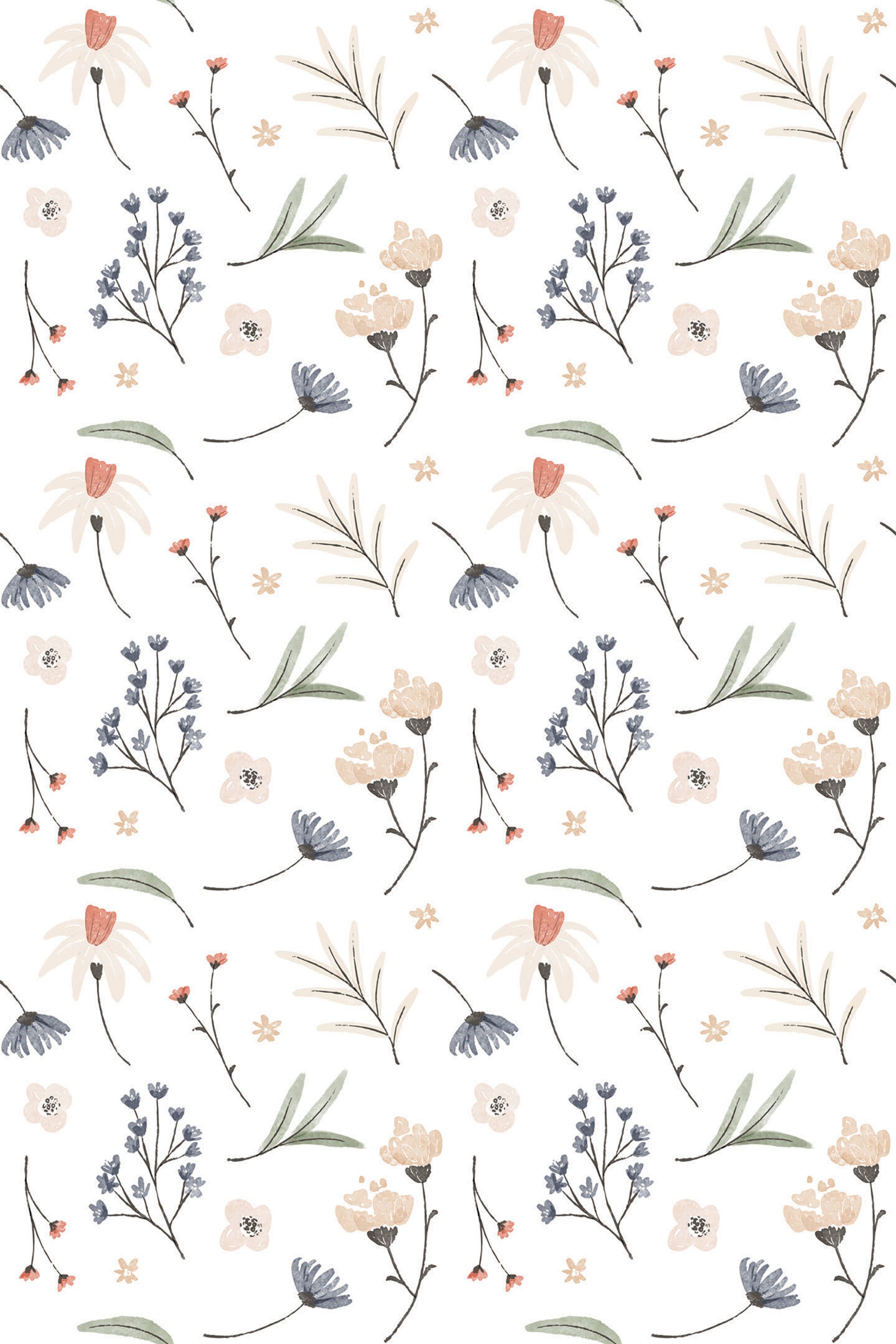 A soft pastel palette of watercolor flowers and leaves on a light background, creating a delicate and airy botanical pattern, suitable as a peel and stick removable wallpaper.