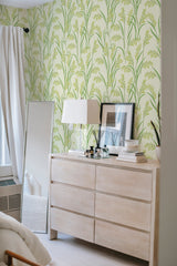         
peel and stick wallpaper rice plant accent wall bedroom dresser mirror minimalist interior