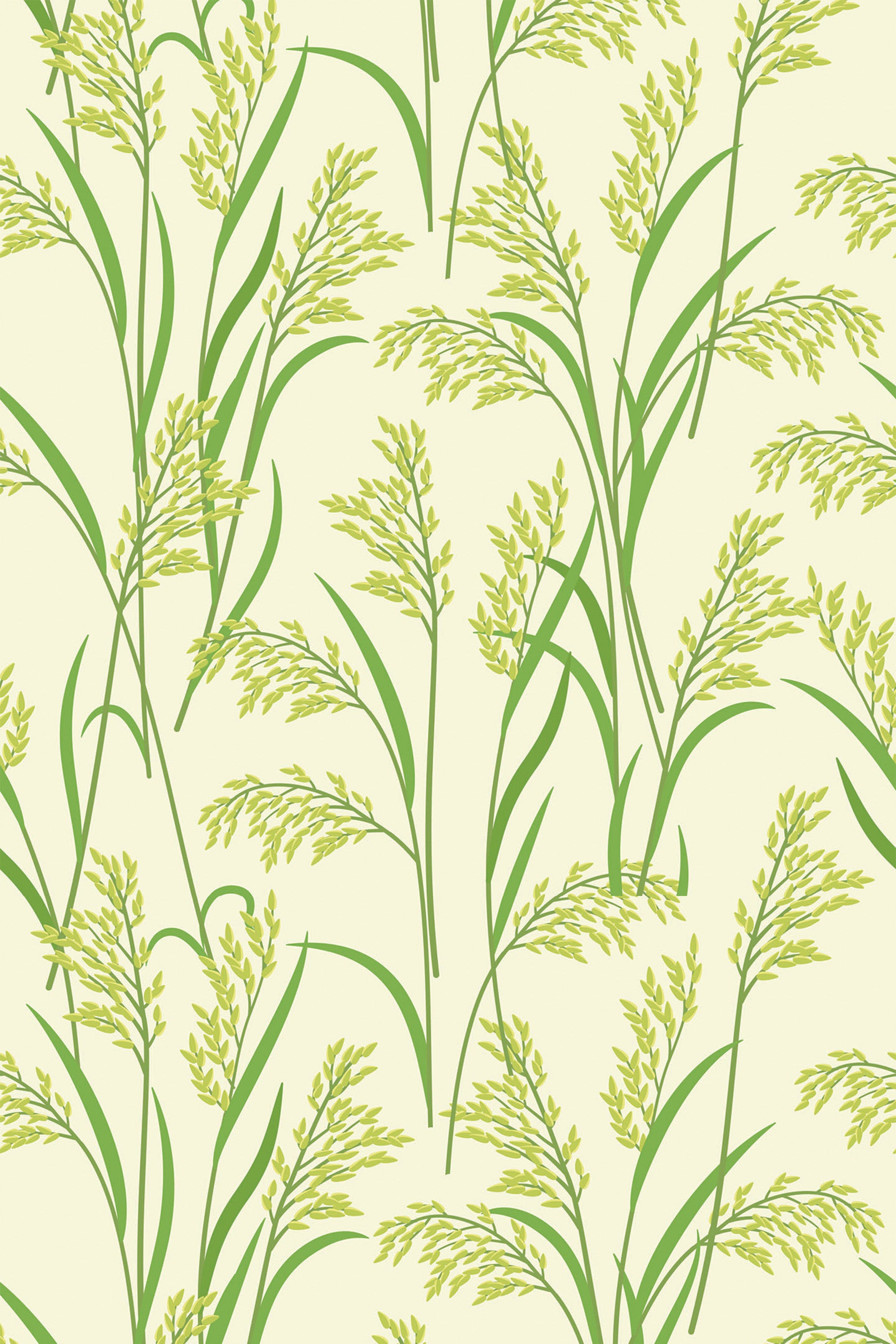 Green and yellow rice plant pattern on a pale background, peel and stick removable wallpaper.