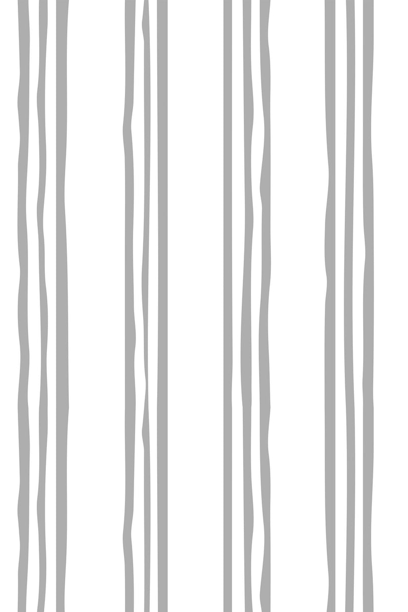 A pattern of alternating thick and thin vertical grey stripes on a white background, peel and stick removable wallpaper.