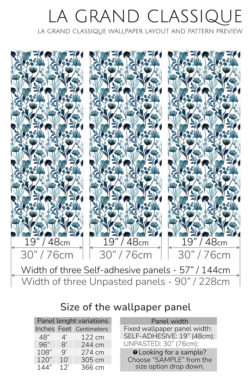 blue watercolor floral peel and stick wallpaper specifiation