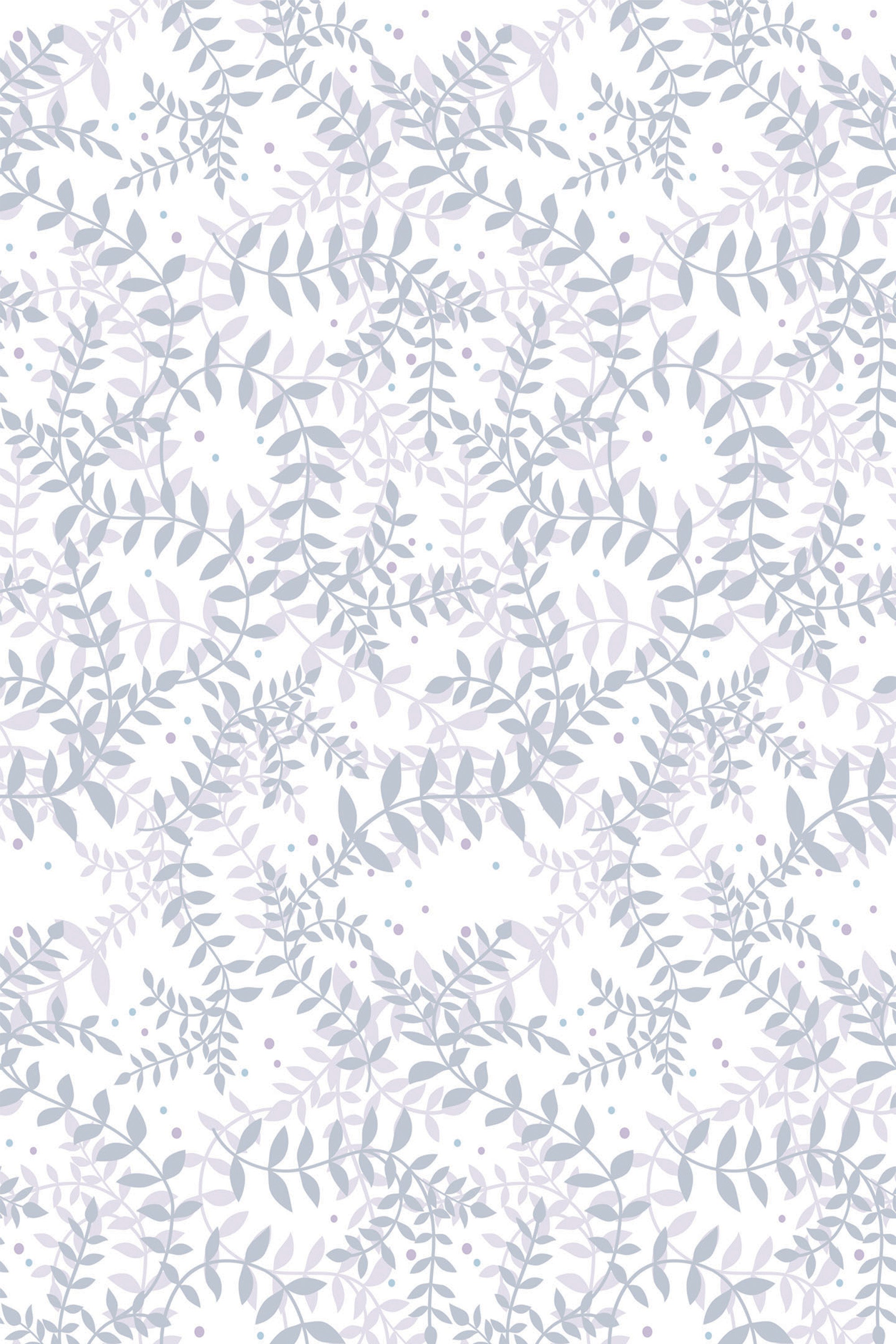 A pattern of delicate purple leaves and branches interspersed with small dots on a white background, forming a serene nature-inspired motif for a peel and stick removable wallpaper.