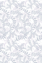 A pattern of delicate purple leaves and branches interspersed with small dots on a white background, forming a serene nature-inspired motif for a peel and stick removable wallpaper.