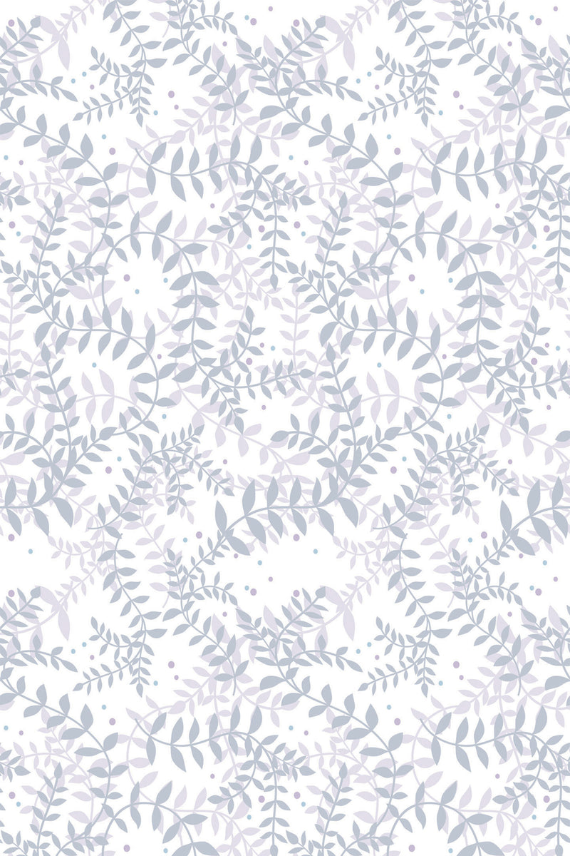 A pattern of delicate purple leaves and branches interspersed with small dots on a white background, forming a serene nature-inspired motif for a peel and stick removable wallpaper.