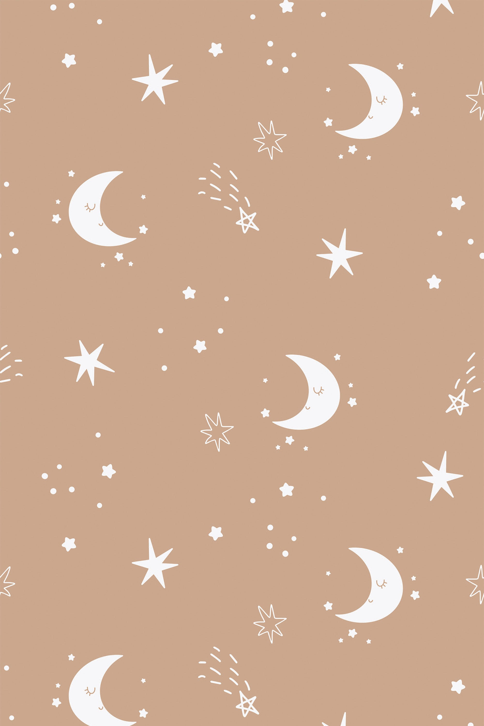 A pattern of smiling crescent moons, stars, and celestial motifs on a tan background, peel and stick removable wallpaper.