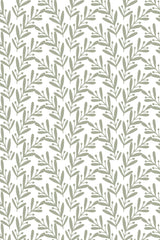 A pattern of green simple leaves in a vertical repeat on a white background, peel and stick removable wallpaper.