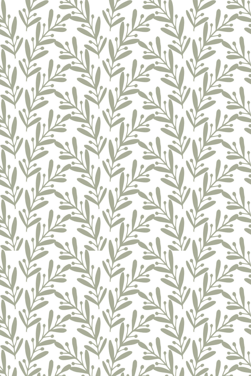 A pattern of green simple leaves in a vertical repeat on a white background, peel and stick removable wallpaper.