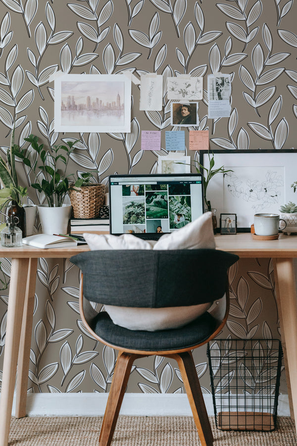 modern home office desk plants posters computer neutral leaf stick on wallpaper