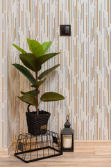 hallway interior green plant black lantern neutral stripe temporary wallpaper