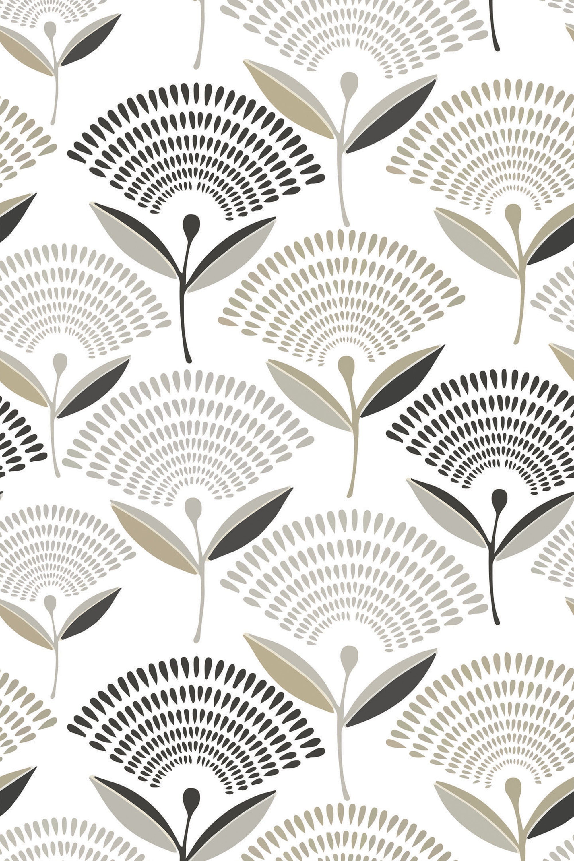 Pattern of stylized, fan-like flowers in muted colors of black, olive, beige, and light gray with simple leaves, on a white background. Mid-century modern floral design with a clean, repetitive layout. Peel and stick removable wallpaper.