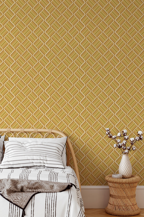 cozy bedroom interior rattan furniture decor yellow retro squares accent wall