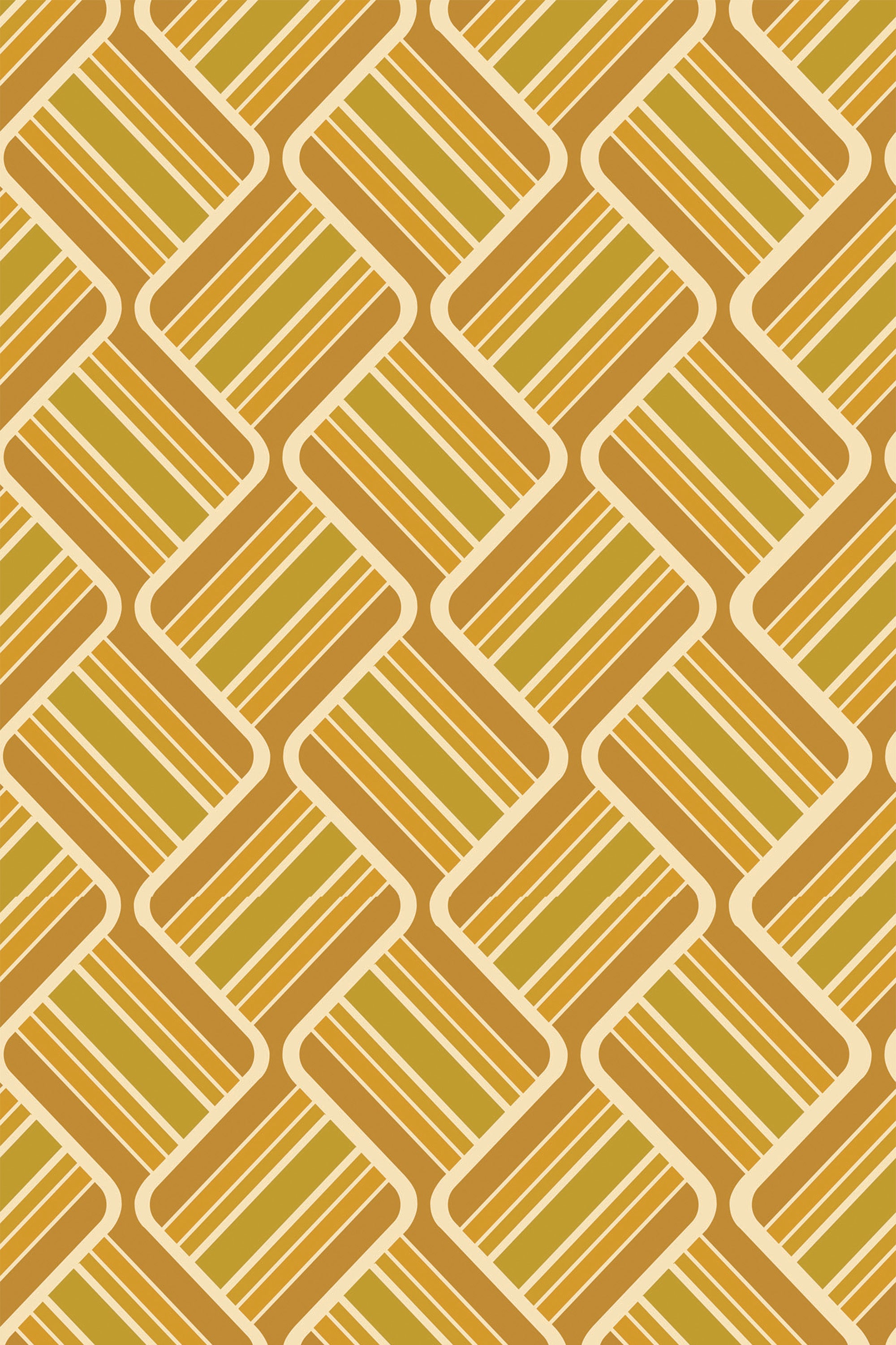 Yellow retro squares with a geometric pattern of interlocking chevron shapes and diagonal lines in varying shades of yellow and brown on a light background. Peel and stick removable wallpaper.