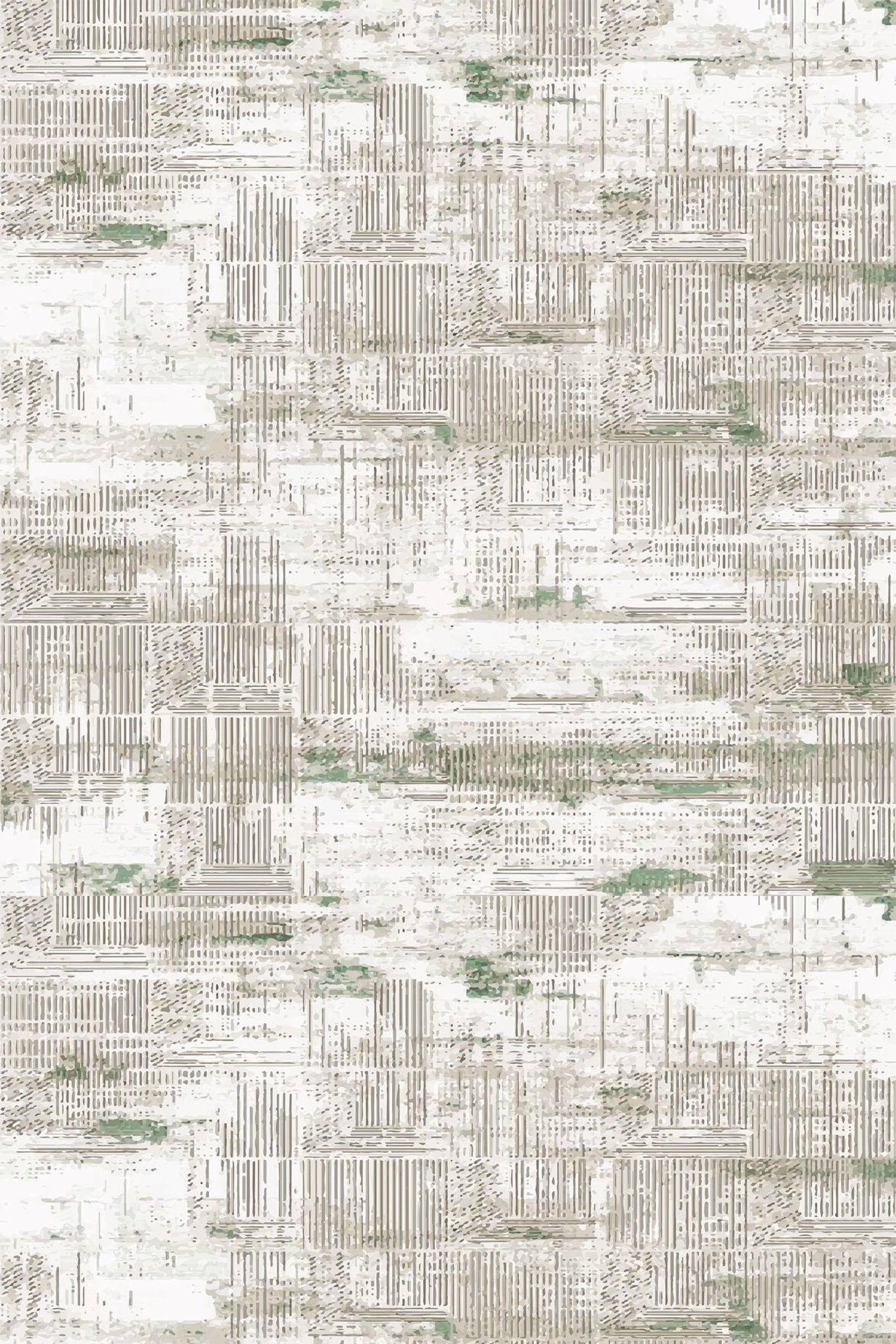 A retro texture wallpaper with a distressed, abstract pattern in muted tones of beige, cream, and olive green. The design features horizontal and vertical lines that create a weathered, vintage look. Ideal for adding a touch of nostalgic charm to any room. Peel and stick removable wallpaper.
