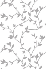 Gray, intertwined branches with small leaves on a white background, creating a repeating pattern. Peel and stick removable wallpaper.