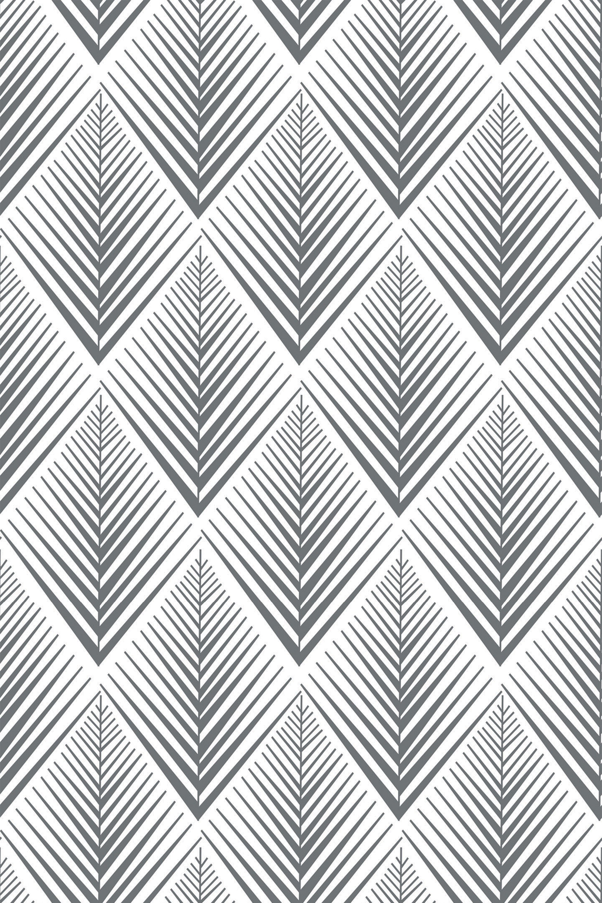 A repeating pattern of geometric diamond shapes arranged in a seamless arch design with grey and white palm leaf motifs. Peel and stick removable wallpaper.