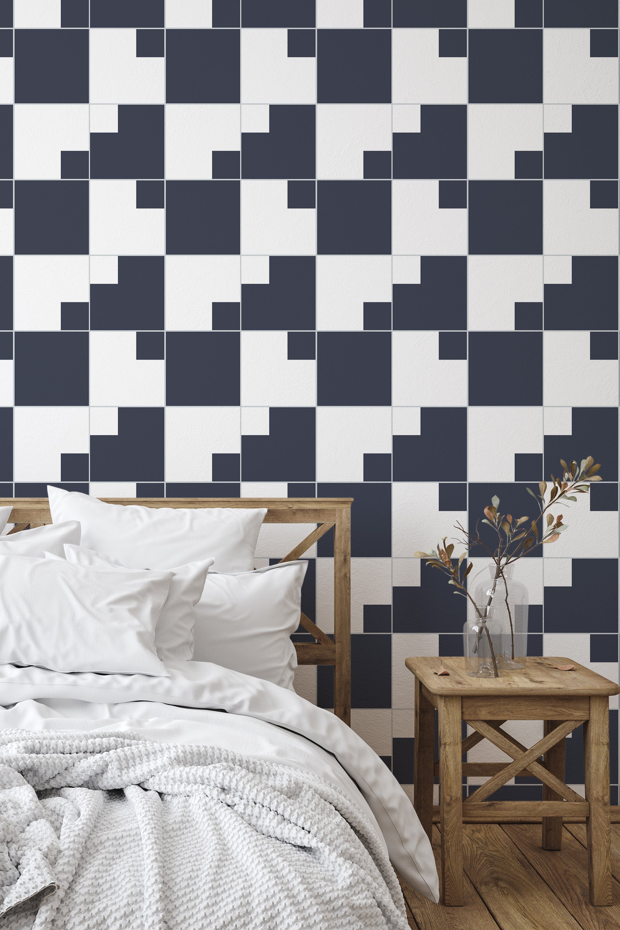 Self-adhesive wallpaper with a modern geometric design, featuring a black and white checkered pattern with alternating squares and overlapping rectangles. Ideal for adding a contemporary touch to any room.